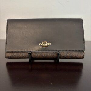 Coach Black Leather Brown Signature Coated Canvas Slim Trifold Wallet